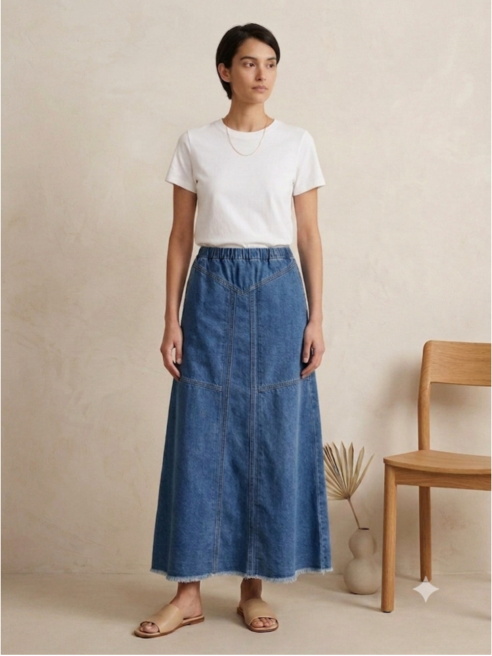 Ebossy High Waist Denim Maxi Skirt Long Jean Skirt Raw Hem A-Line Elastic Waist